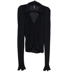 Anthropologie Whimsigoth Black Sheer Ruffle Blouse Romantic Gothic Button Up Med